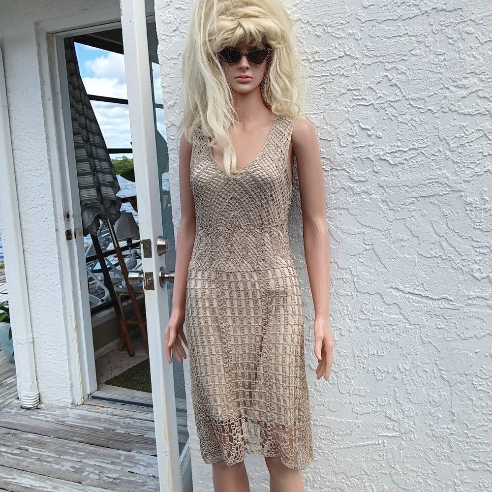 ANTONIO MELANI Sleeveless Sparkling Cream/Beige Crochet Dress - Knee Length